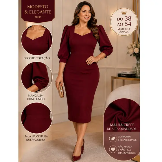 Vestido Mídi Feminino Tubinho Social Elegante Manga3/4 Crepe Malha Moda Evangélica Casual Luxo 38A52
