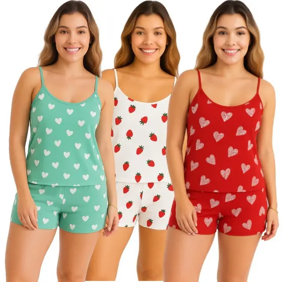 Kit 6 Peças (3 Conjuntos) Pijama Baby Doll Conjunto Feminino Para Mulher Estampado Original