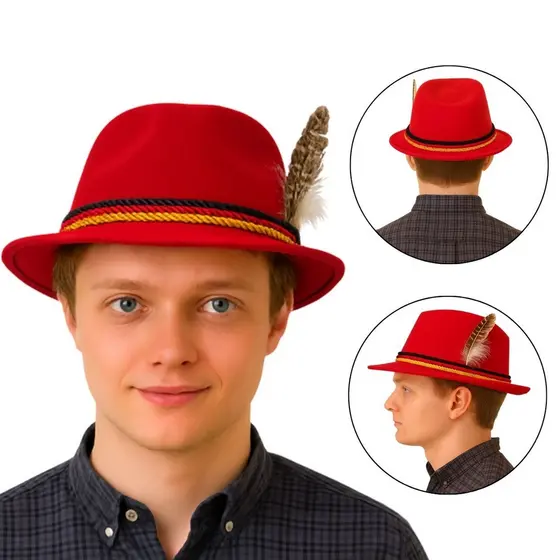Chapéu Alemão Tradicional Vermelho Pena Pluma Oktoberfest