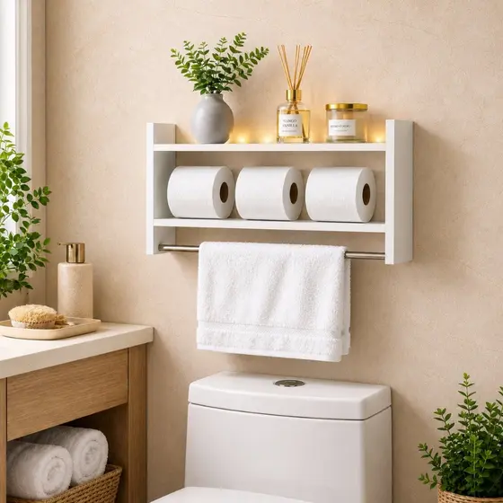 Nicho Organizador Banheiro MDF Branco com Toalheiro Porta Papel Higiênico Parede