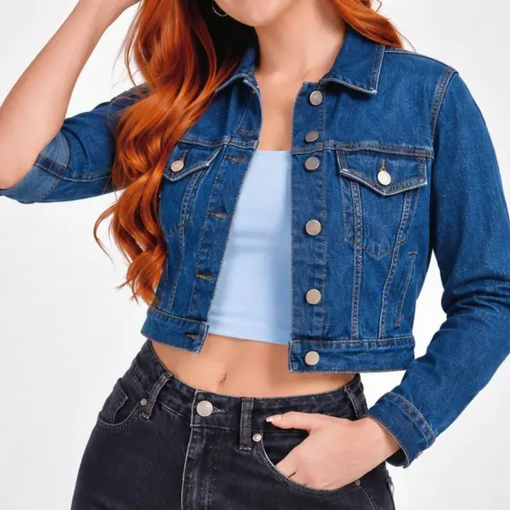 Jaqueta Jeans Feminina Cropped Com Elastano Lycra Com Bolsos Frontais Moda Casual Classica