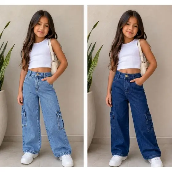 Calça Jeans Wide Leg Cargo Infantil – Estilo Blogueirinha (Com Regulagem)