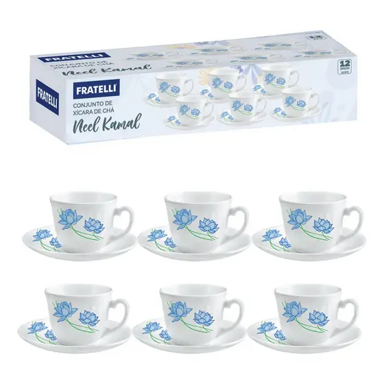 Jogo De Xícaras De Chá E Pires Flor Azul 12 190ml Cor Branco Fratelli