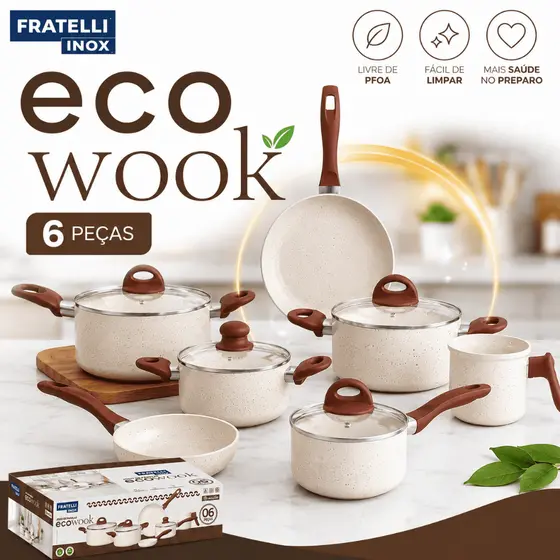 Jogo Panelas Eco Wook 6 Peças Cerâmica Indução Premium Antiaderente Conjunto Cozinha
