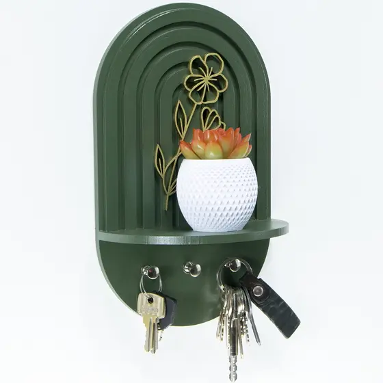 Porta Chaves de Parede com Prateleira MDF Organizador Hall de Entrada Decorativo Boho Verde