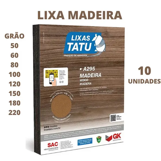 Lixa Para Madeira Grão 50 ao 220 - Tatu com 10 Unidades