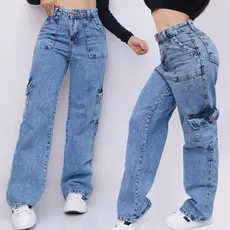 Calça Jeans Cargo Feminina Wide Leg Cintura Alta Pantalona Bolsos Laterais