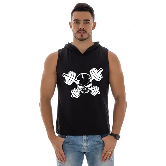 Regata Com Capuz Masculina Academia Caveira Halteres Treino Fitness - Camiseta Cavada Machão Valoriza Shape