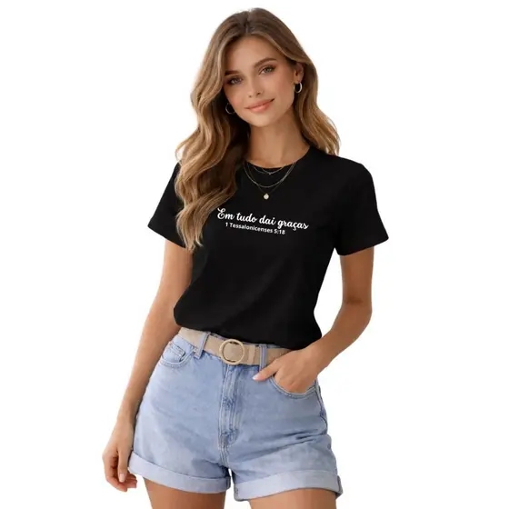 Blusa Camiseta Religiosa Cristã Em Tudo Dai Graças 100% Algodão Premium