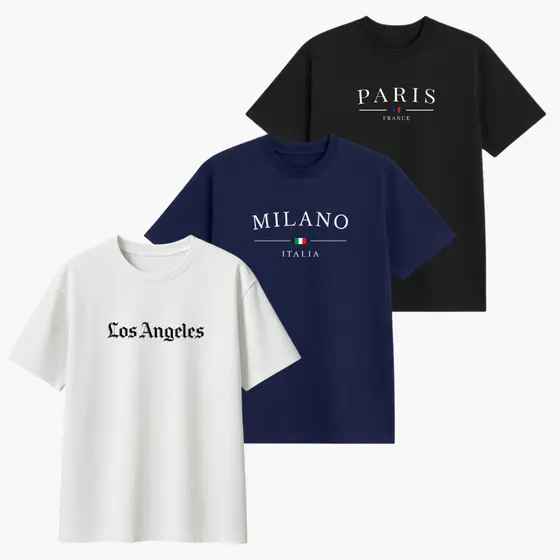 Kit 3 Camisas Masculina Em Algodão Estampada Milano Paris