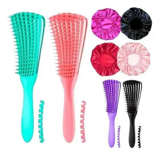 Kit Touca de Cetim + Escova Polvo Definir Cachos Fácil Desembaraço