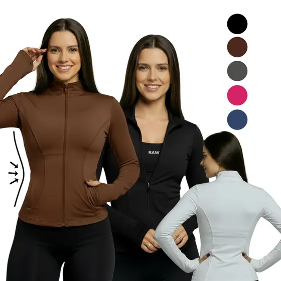 Jaqueta Fitness Feminina Academia Zíper Bolso Manga Longa Com Dedeira