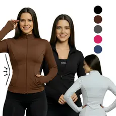 Jaqueta Fitness Feminina Academia Zíper Bolso Manga Longa Com Dedeira