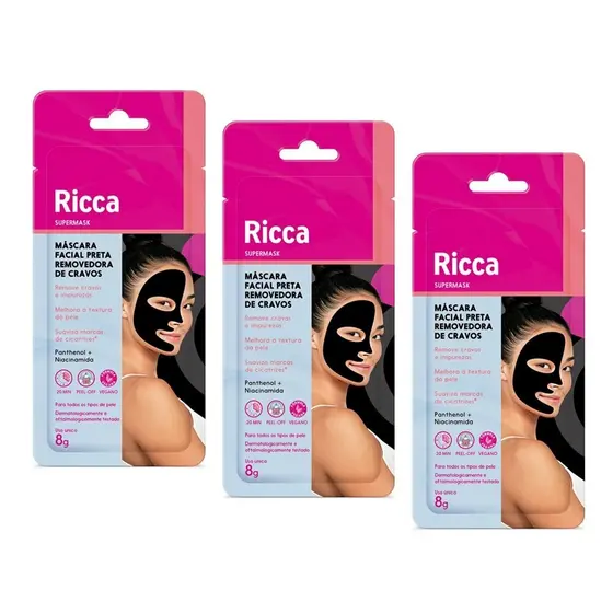 Kit 3 Máscaras Preta Limpeza de Pele Cravos Impurezas e Oleosidade Ricca 8g