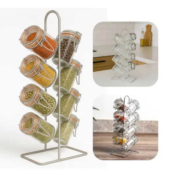 Kit Porta Temperos 8 Potes de Vidro com Suporte Aço Inox Lyor
