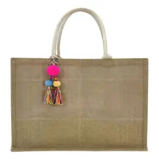 Bolsa de Praia Palha Juta Feminina Quadrada Grande Alça de Corda Impermeável e Chaveiro