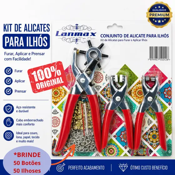 Kit Alicate Ilhós Completo Lanmax Furador Aplicador Botão Tic Tac + 100 Peças Artesanato Profissional