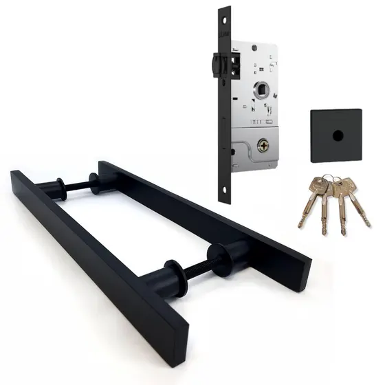 Puxador Porta de Madeira 80cm Preto Inoxidável + Fechadura Rolete Tetra Pivotante Stam
