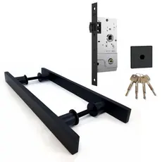 Puxador Porta de Madeira 80cm Preto Inoxidável + Fechadura Rolete Tetra Pivotante Stam