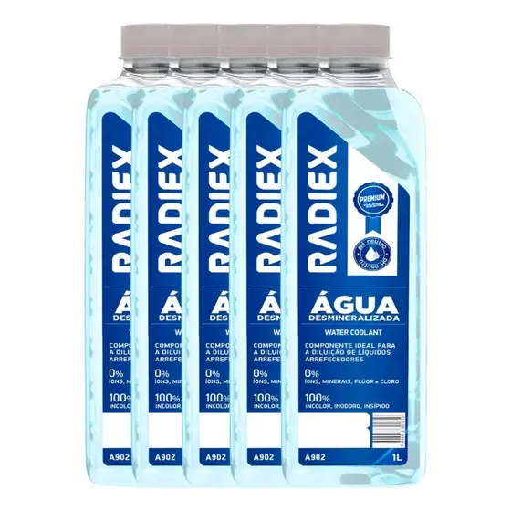 Kit com 5 Litros Água Desmineralizada Radiex 1L para Sistemas Automotivos, Baterias e Uso Técnico