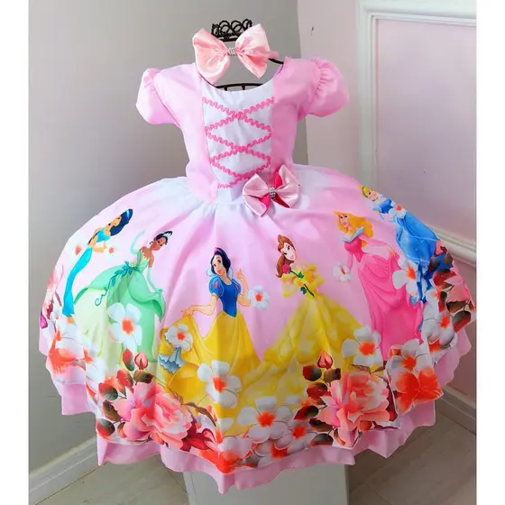 Vestido Infantil Festa Temático Princesas E Tiara