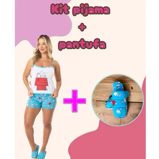 Kit Pijama Short Doll + Pantufa Adulto Blogueirinha Atacado Estampa Personagens