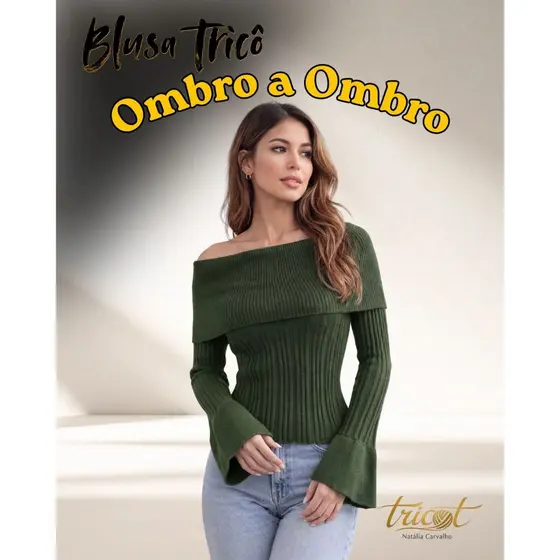 Blusa Feminina Tricot Canelada Ombro a Ombro Dobrada Tricô Manga Longa Flare Modal Outono Inverno⁹