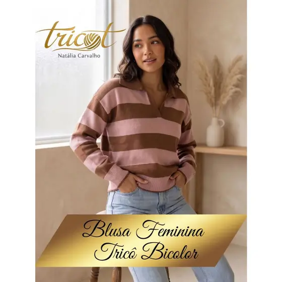 Blusa de Frio Listrada Feminina Tricô Gola Polo V Manga Longa Tricot Canelada Suéter Outono Inverno