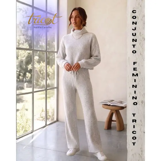 Conjunto Feminino Tricot Mousse Blusa Cacharrel e Calça Reta Canelada Tricô Frio Modinha Inverno