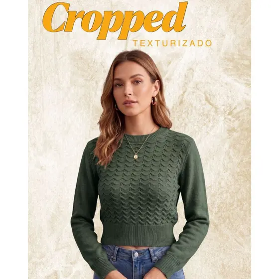 Blusa Cropped Feminina Tricô Modal Manga Longa Gola Redonda Tricot Texturizada Outono Inverno