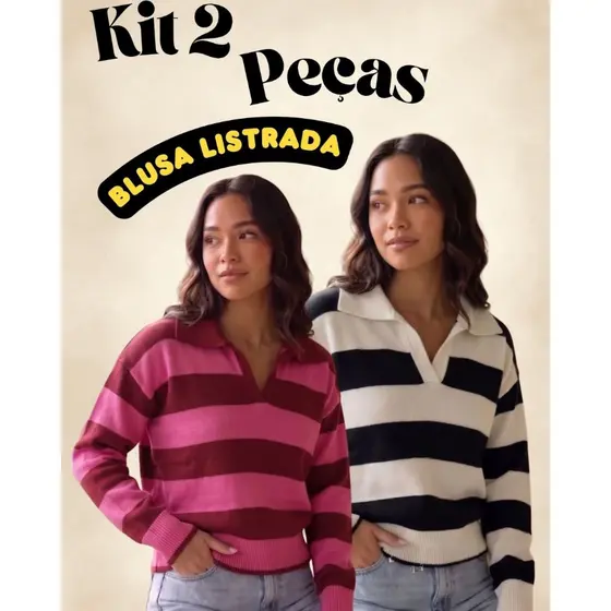 Kit 2 Blusas Listrada Feminina Tricô Gola Polo V Manga Longa Tricot Canelada Suéter Outono Inverno