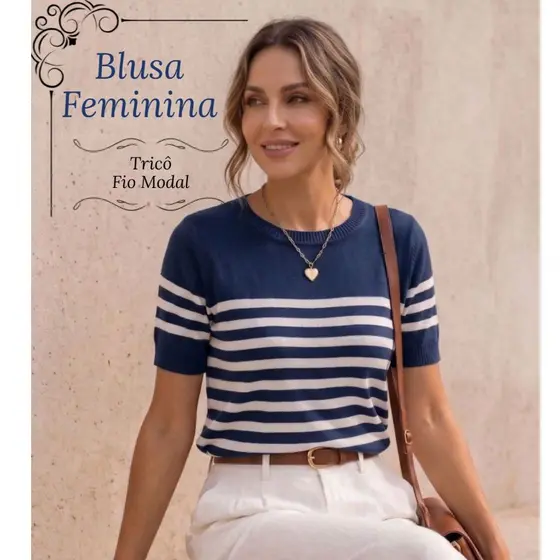 Blusa Feminina Listrada Manga Curta Tricô Modal Gola Redonda Canelada Tricot Casual Elegante