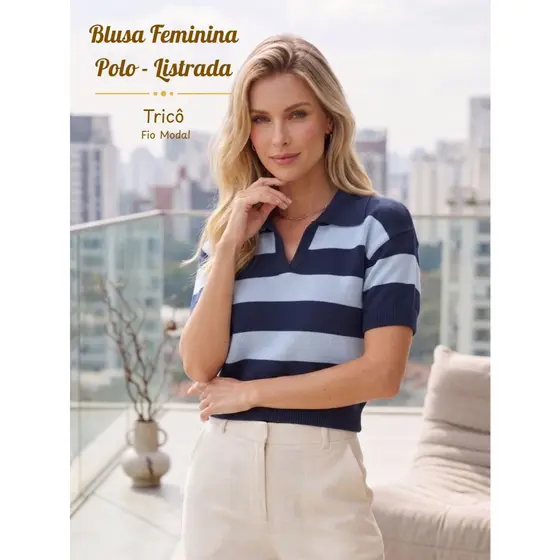 Blusa Feminina Tricô Listrada Gola Polo sem Botões Manga Curta Casual Elegante Tricot Verão