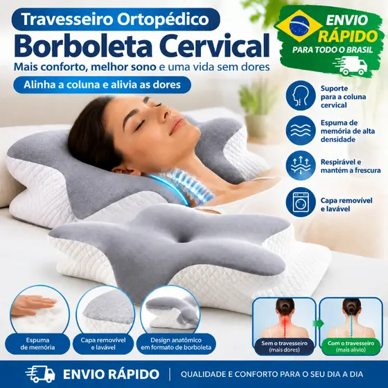 TRAVESSEIRO ORTOPÉDICO BORBOLETA CERVICAL PARA COMBATE A DORES NA COLUNA, DORES DE CABEÇA - VISCOELASTICO FRONHA LAVÁVEL