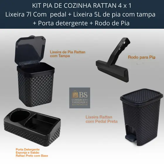 Kit Cozinha Rattan 4 x 1 Lixeiras 7L c/ pedal + 5L de pia + Porta Detergente + Rodo Preto