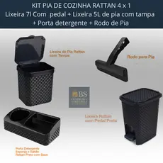 Kit Cozinha Rattan 4 x 1 Lixeiras 7L c/ pedal + 5L de pia + Porta Detergente + Rodo Preto