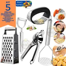 Kit 5 Ralador de 4 Faces8" Inox Amassador de alho e Batata Descascador de Legumes e Espremedor Limão