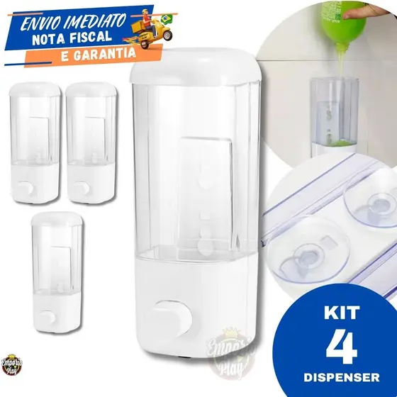 Kit 4 Dispenser De Parede Porta Álcool em Gel Detergente Sabonete Líquido 500ml Parede com Ventosa