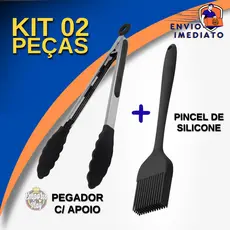 Kit 2 pçs Pincel Culinário + Pinça Pegador Silicone e Inox para Saladas Cabo em Aço Inox para Cozinha