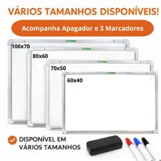 Lousa Branca Quadro Moldura MDF Aluminizado Premium Escolar Trabalho + 3 Marcadores e 1 Apagador
