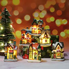 New Resin House Christmas Decoration Small LED Lighting Decorations Table Ornaments