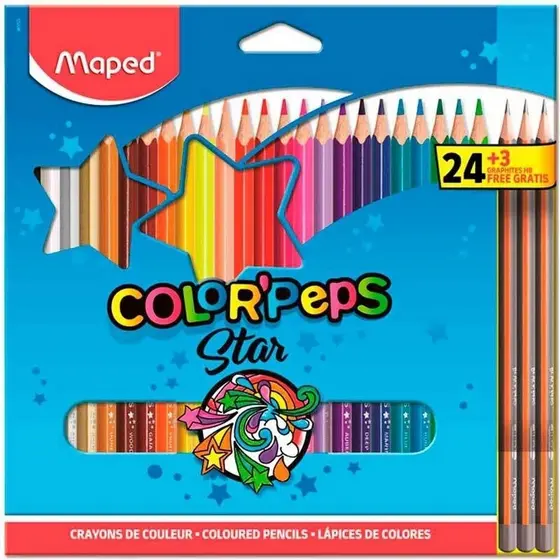 Lapis De Cor Com 24 Cores Lapis Triangular Peps + 3 Black Hb Maped