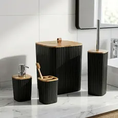 Kit Banheiro 4 Peças Luxo Conjunto Lixeira Porta Escova Sanitária 4 Peças Tampa Bambu