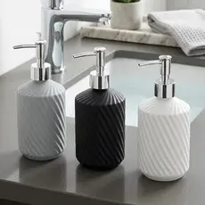Frasco Porta Sabonete Liquido 390ml Ceramica Redondo Válvula Prata para Banheiro
