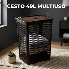 Cesto de Roupa Multiuso Telado Preto 49L C Tampa Label Madeira