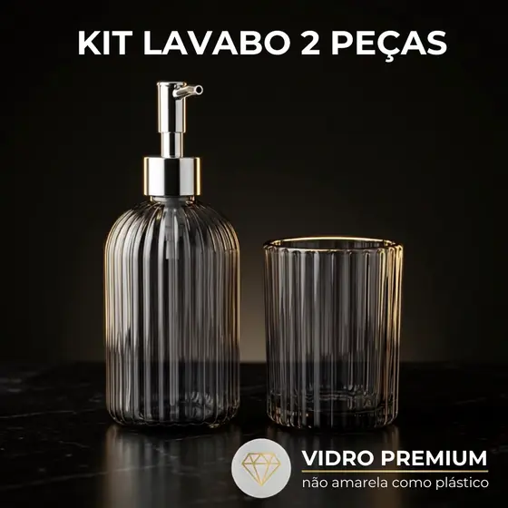 Kit Banheiro Lavabo 2 Peças Vidro Canelado Dispenser Sabonete Líquido 430ml Porta Escova Dente
