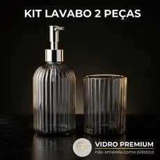 Kit Banheiro Lavabo 2 Peças Vidro Canelado Dispenser Sabonete Líquido 430ml Porta Escova Dente