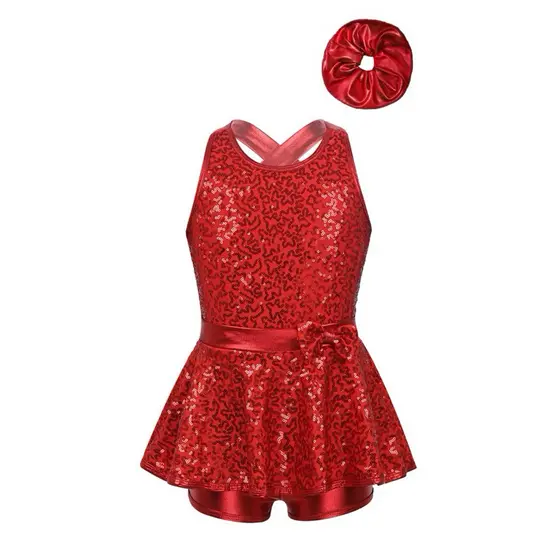 Meninas Jazz Dança Desempenho Traje Sem Mangas Lantejoulas Criss Cruz Volta Cintura Bowknot Collant Vestido