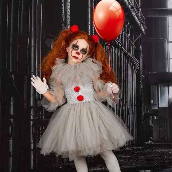 Halloween Meninas Penwise Tutu Vestido Crianças Cosplay Assustador Cinza Palhaço Traje Menina Desempenho Vestir-Se Masq