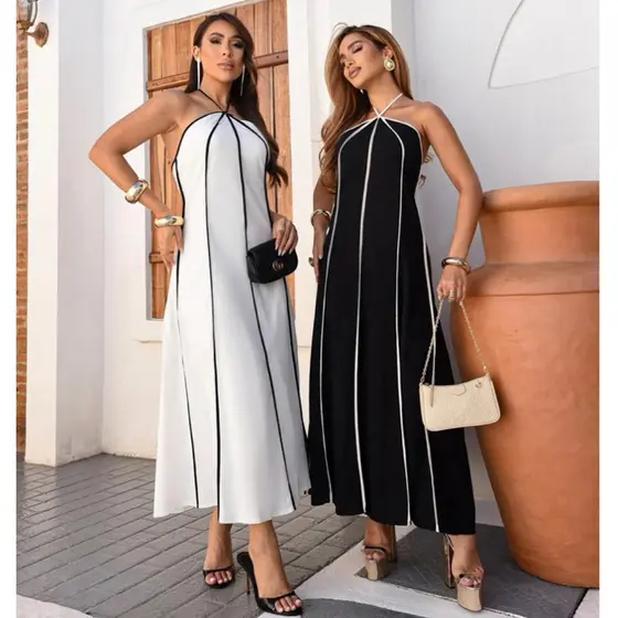 Vestido Feminino Frente Única Premium Listrado Longo Tendência Amarração